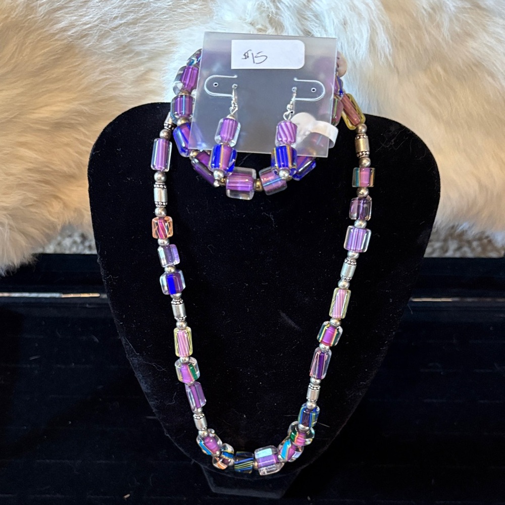 Purple and Silver semi precious Beaded Necklace and Earring Set